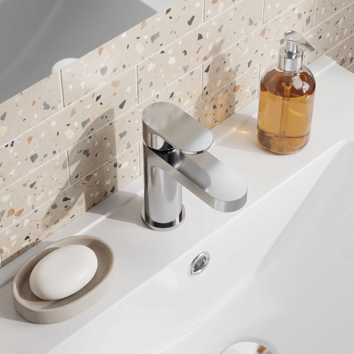 [BTCU315] Balterley Current Round Mini Mono Basin Mixer Tap with Lever Handle & Push Button Waste - Polished Chrome Finish - Lifestyle 2