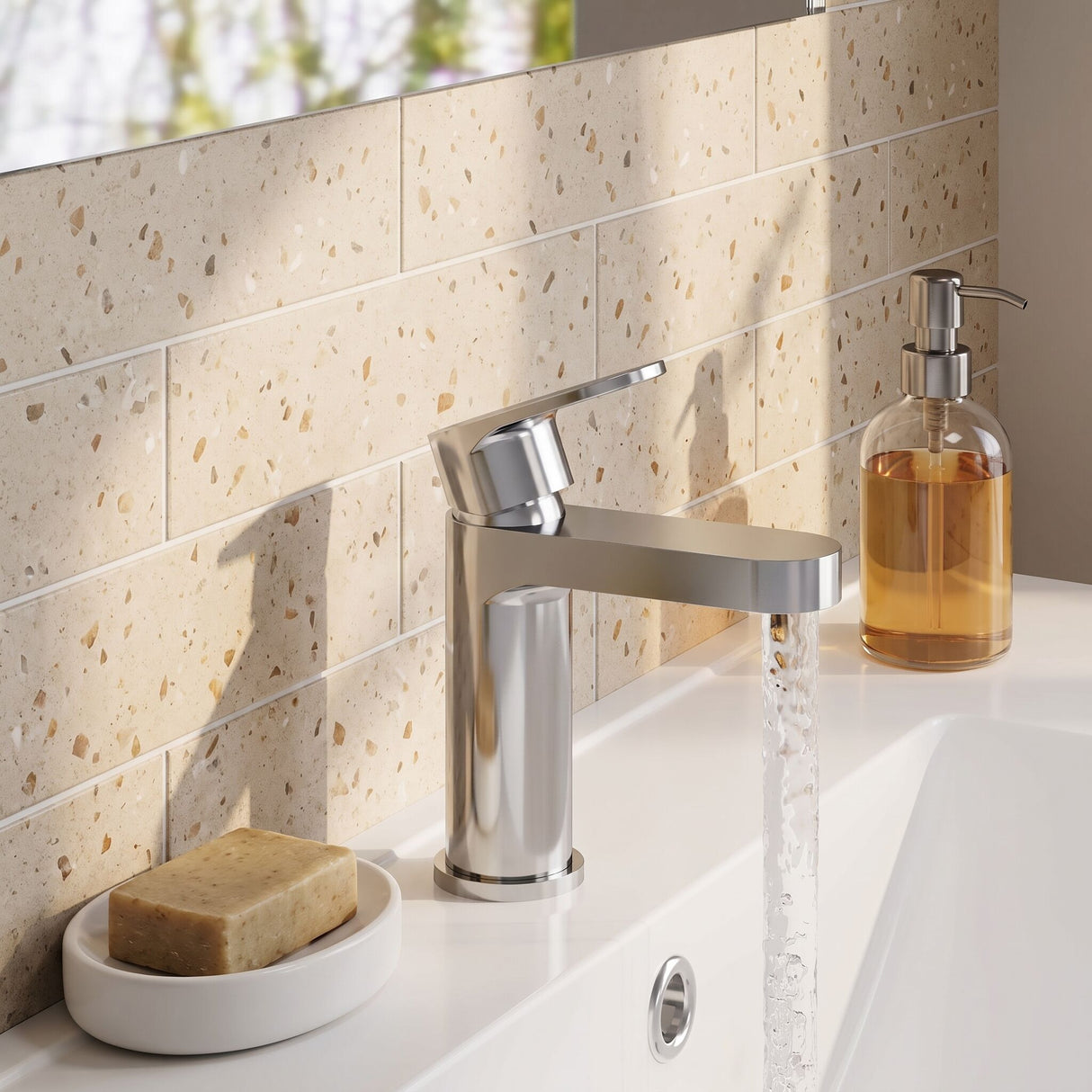 [BTCU315] Balterley Current Round Mini Mono Basin Mixer Tap with Lever Handle & Push Button Waste - Polished Chrome Finish - Lifestyle 3