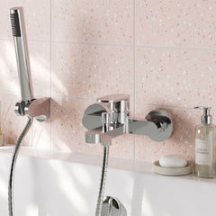 [BTCU316] Balterley Current Modern Wall Mount Round Bath Shower Mixer Tap with Flat Spout & Shower Kit - Chrome Finish - Lifestyle 1