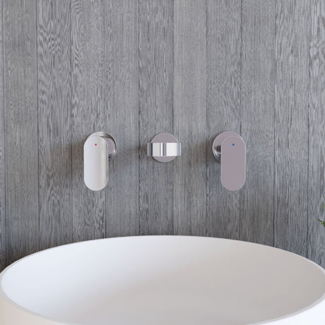 [BTCU317] Balterley Current Modern Round Wall Mount 3 Tap Hole Basin Mixer Tap with Lever Handles and Spout - Chrome Finish - Lifestyle 1