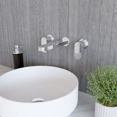 [BTCU317] Balterley Current Modern Round Wall Mount 3 Tap Hole Basin Mixer Tap with Lever Handles and Spout - Chrome Finish - Lifestyle 3