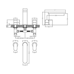[BTCU333] Balterley Current Modern Round Deck Mounted 3 Tap Hole Bath Filler Tap with Lever Handles and Flat Spout - Chrome Finish - Technical Drawing