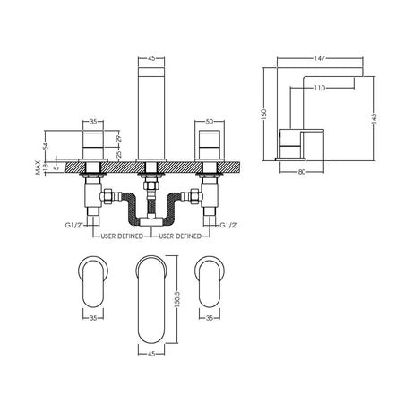 [BTCU337] Balterley Current Round Deck Mounted 3 Tap Hole Basin Mixer Tap with Dual Lever Handles & Pop Up Waste - Chrome Finish - Technical Drawing