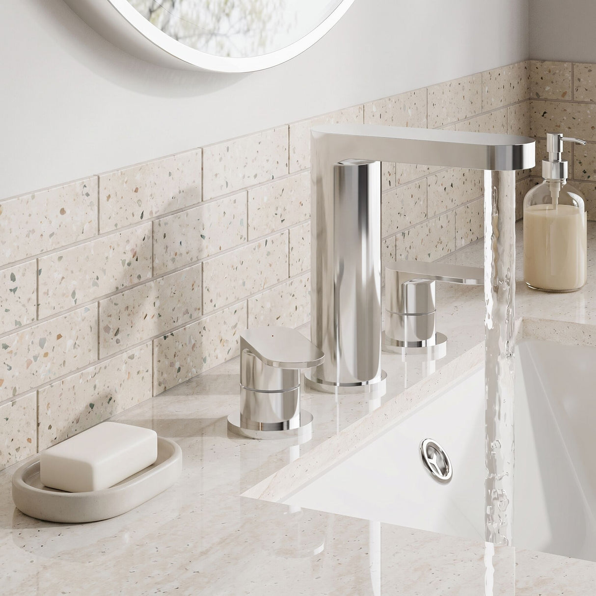 [BTCU337] Balterley Current Round Deck Mounted 3 Tap Hole Basin Mixer Tap with Dual Lever Handles & Pop Up Waste - Chrome Finish - Lifestyle 3