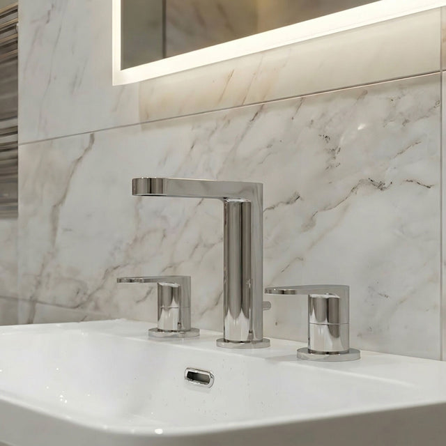[BTCU337] Balterley Current Round Deck Mounted 3 Tap Hole Basin Mixer Tap with Dual Lever Handles & Pop Up Waste - Chrome Finish - Silo