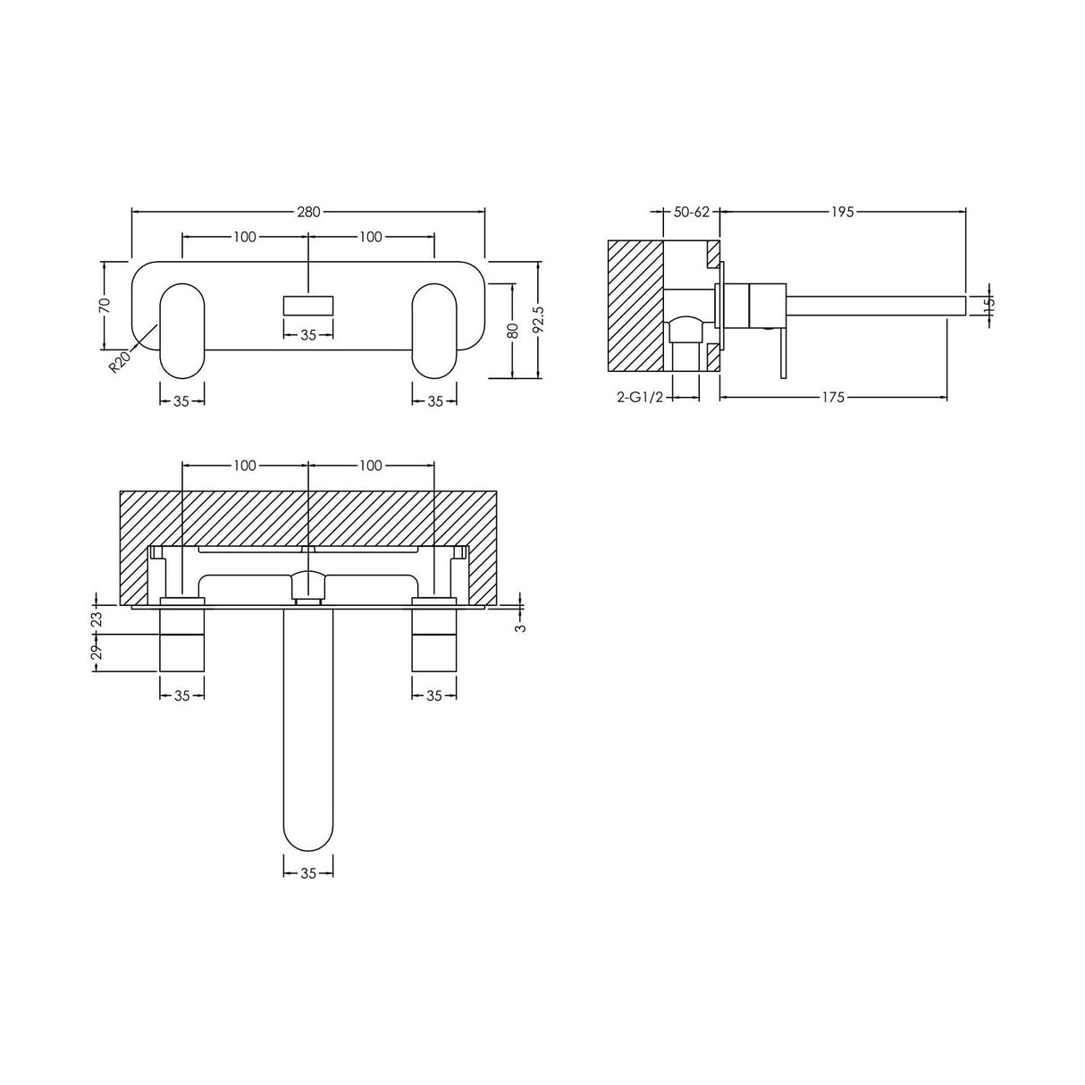 [BTCU350] Balterley Current Modern Round Wall Mount 3 Tap Hole Basin Mixer Tap with Dual Lever Handles & Back Plate - Chrome Finish - Technical Drawing