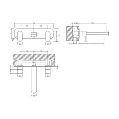 [BTCU350] Balterley Current Modern Round Wall Mount 3 Tap Hole Basin Mixer Tap with Dual Lever Handles & Back Plate - Chrome Finish - Technical Drawing