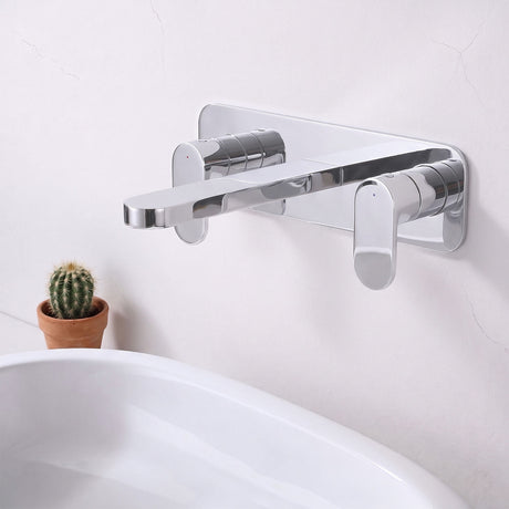 [BTCU350] Balterley Current Modern Round Wall Mount 3 Tap Hole Basin Mixer Tap with Dual Lever Handles & Back Plate - Chrome Finish - Silo