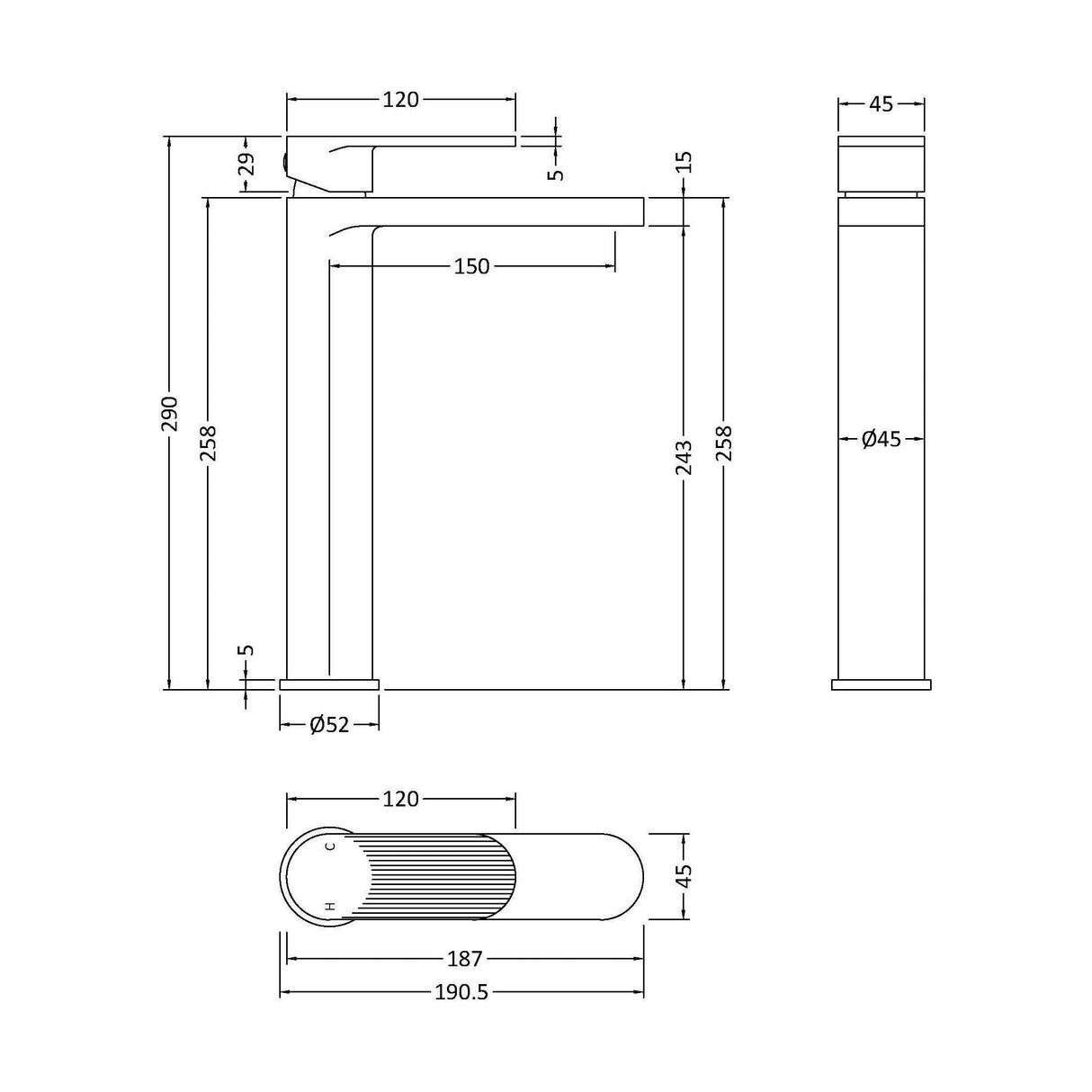 [BTCU370F] Fluted High Rise Mono Basin Mixer - Technical Drawing