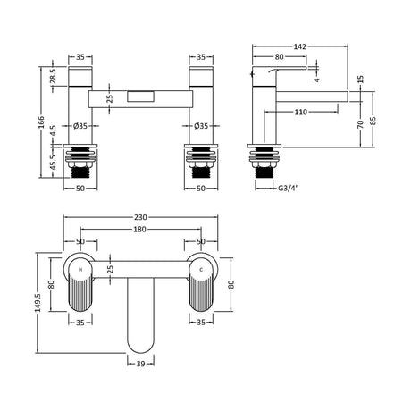 [BTCU403F] Fluted Bath Filler - Technical Drawing