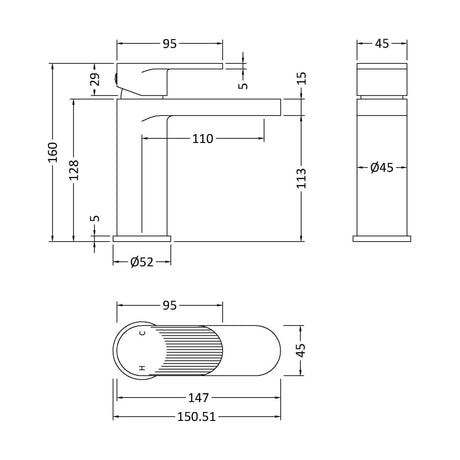 [BTCU405F] Fluted Mono Basin Mixer P/B Waste - Technical Drawing