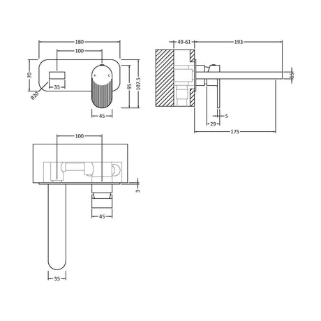 [BTCU428F] 2TH Wall Mounted Basin Mixer with Plate - Technical Drawing