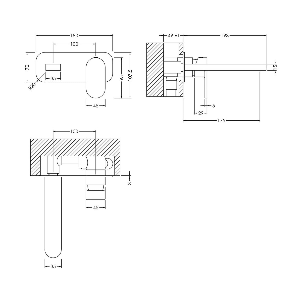 [BTCU428] Enville Round Wall Mount 2 Tap Hole Basin Mixer Tap & Back Plate - Choice of Finish - Technical Drawing