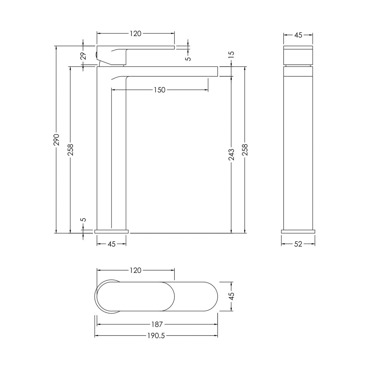 [BTCU470] Enville Round High Rise Mono Basin Mixer Tap - 290 x 57 x 187mm - Choice of Finish - Technical Drawing