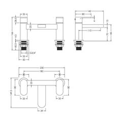 [BTCU703] Enville Dual Lever Round Deck Mounted Bath Filler Tap – Choice of Finish - Technical Drawing
