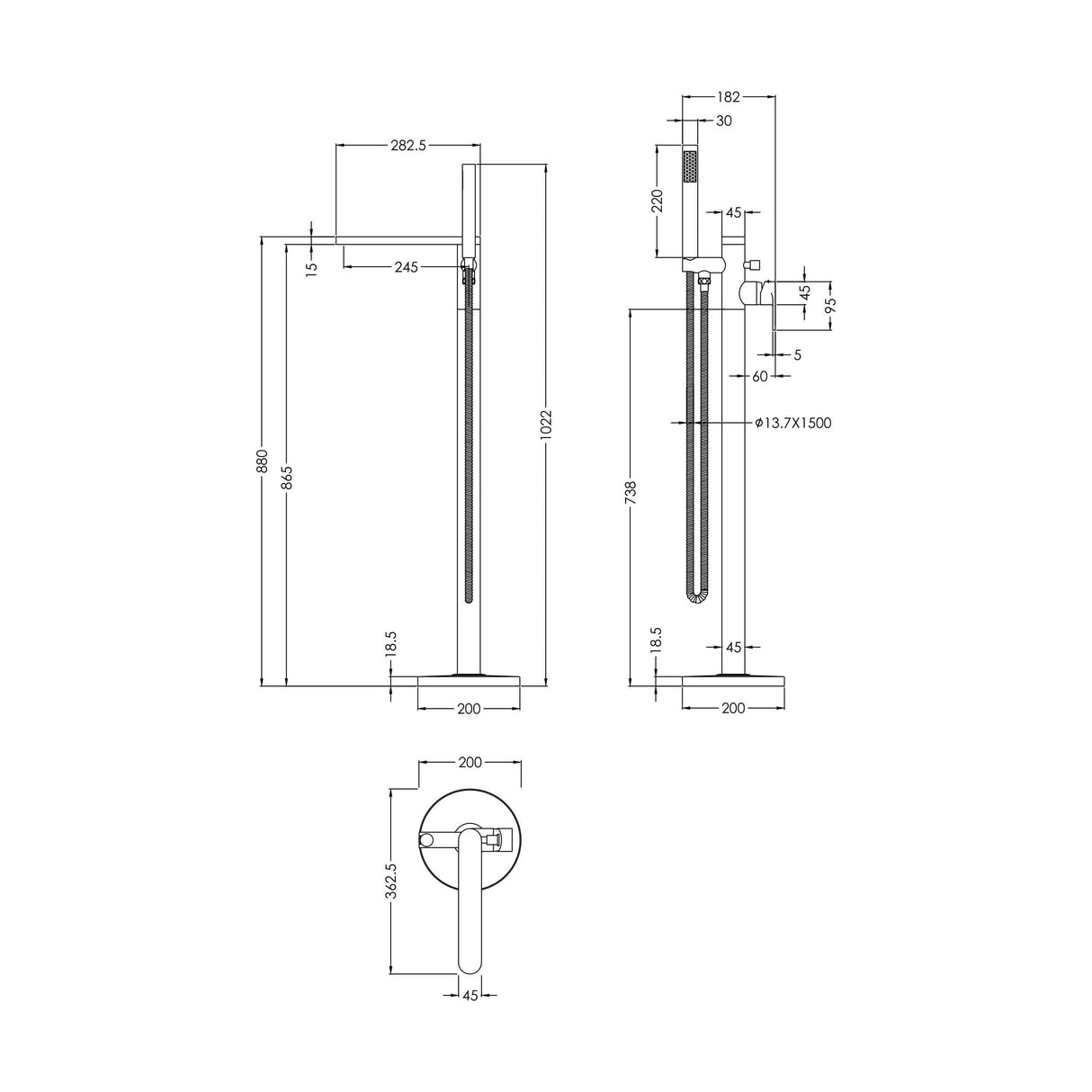 [BTCU721] Enville Modern Freestanding Round Bath Shower Mixer Tap with Lever Handle and Kit - Choice of Colour - Technical Drawing