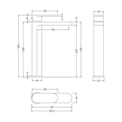 [BTCU870] Enville Round High Rise Mono Basin Mixer Tap - 290 x 57 x 187mm - Choice of Finish - Technical Drawing