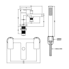 [BTD304] Contemporary Bath Shower Mixer Tap with Shower Kit - Chrome - Balterley - Technical Drawing