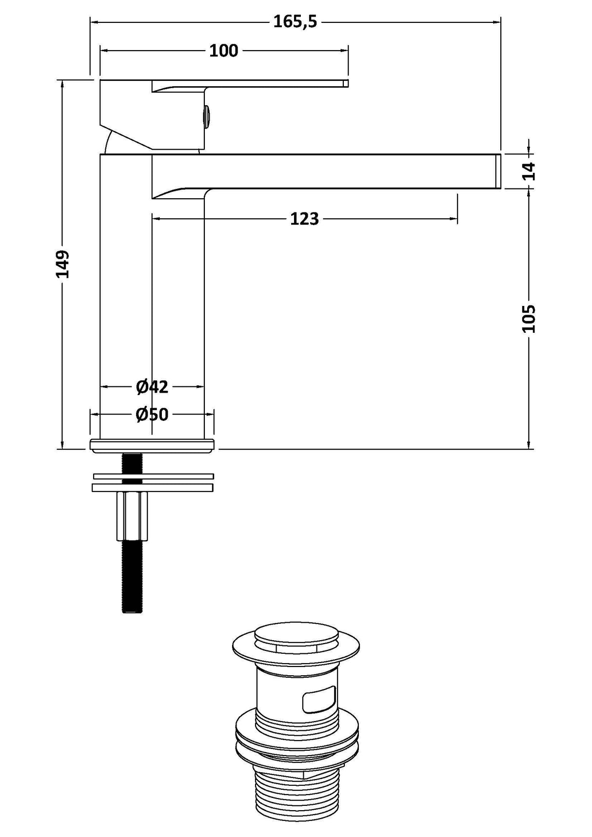 [BTD305] Ranton Contemporary Mono Basin Mixer Tap and Push Button Waste, Choice of Colour - Line Drawing