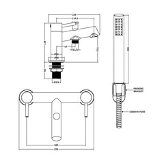 [BTE304] Wetley Round Minimalist Bath Shower Mixer Tap with Shower Kit - Choice of Finish - Technical Drawing