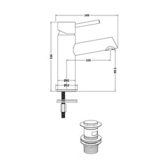 [BTE405] Wetley Minimalist Round Mono Basin Mixer Tap & Push Button Waste - Choice of Finish - Technical Drawing