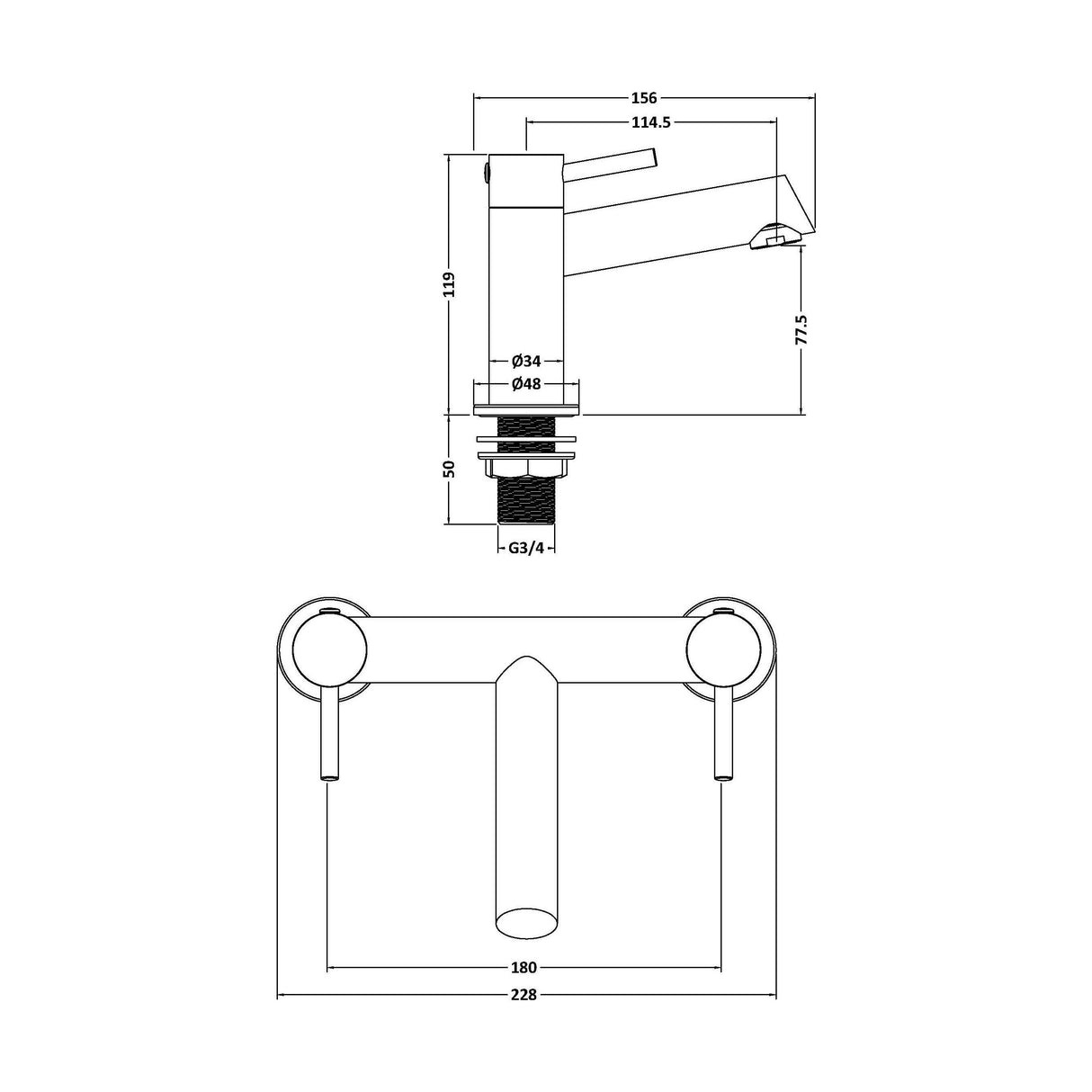 [BTE803] Wetley Minimalist Round Deck Mounted Bath Filler Tap - Choice of Finish - Technical Drawing