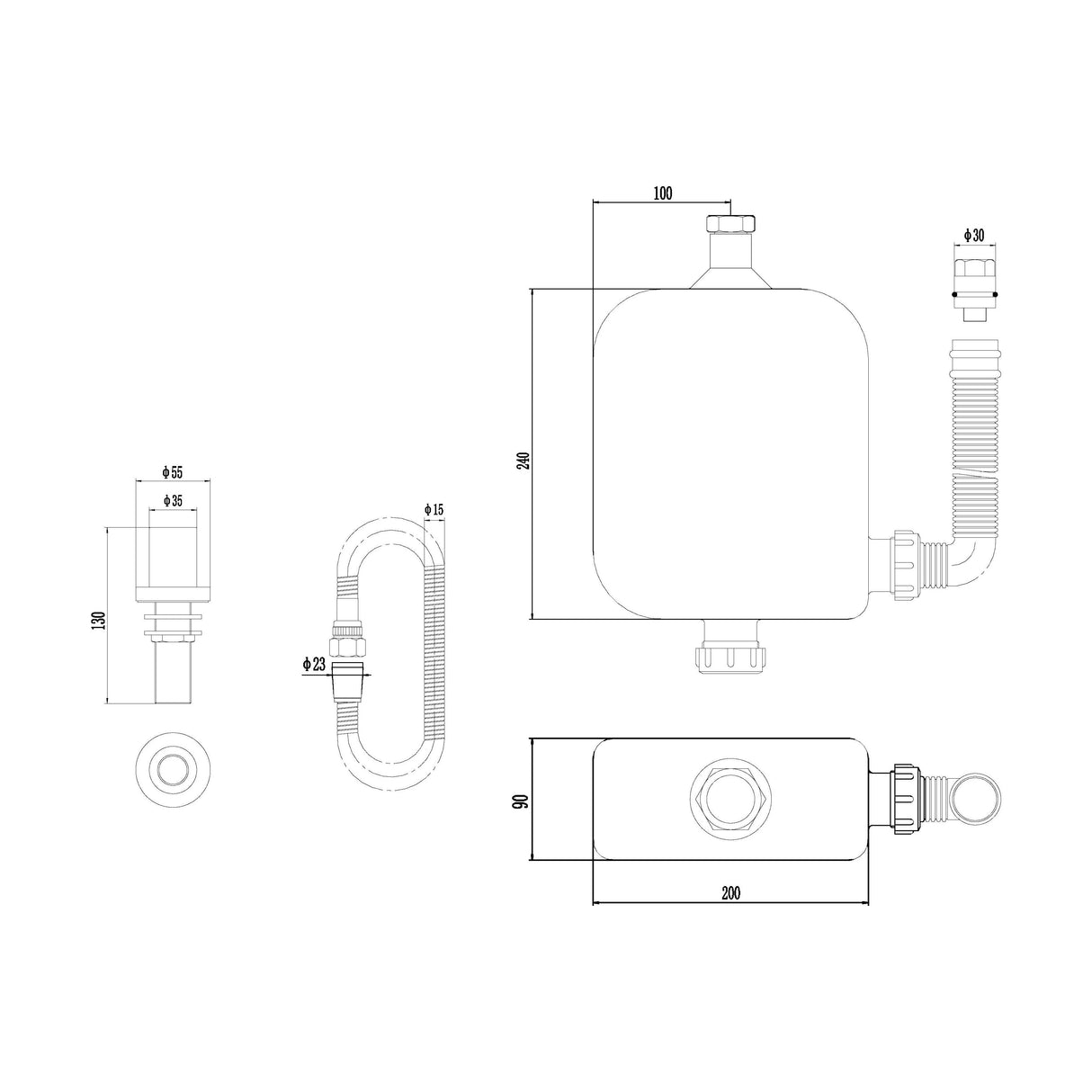 [BTEA383] Contemporary Bathroom Deck Shower Kit, 335mm x 220mm, Chrome - Technical Drawing