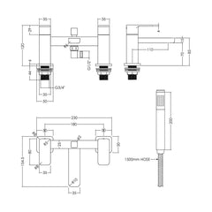 [BTEM304] Deck Mount Square Bath Shower Mixer Tap with Shower Kit Chrome - Technical Drawing