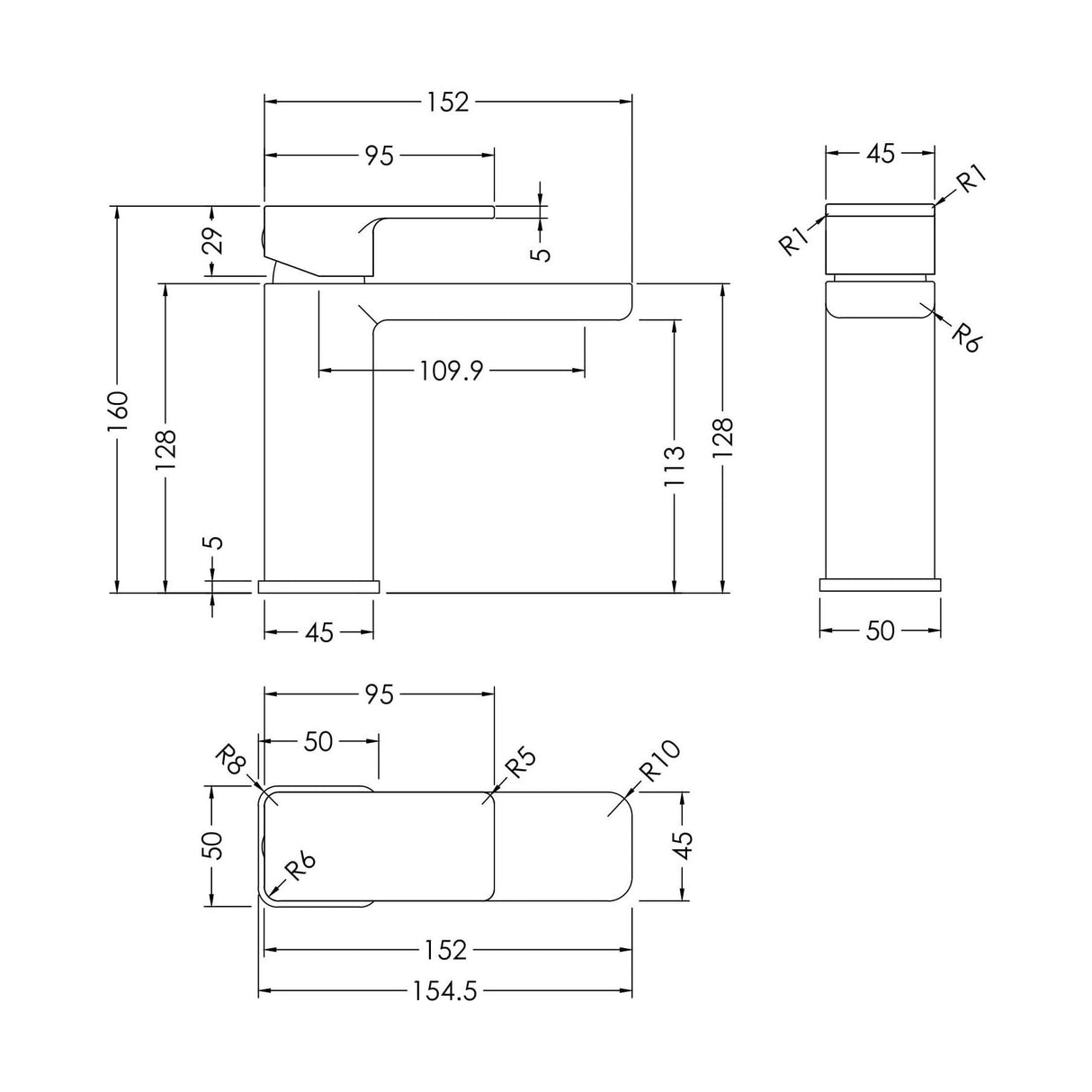 [BTEM305EC] Square Eco Mono Basin Mixer Tap & Push Button Waste - Chrome - Technical Drawing