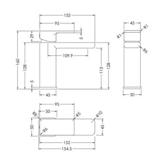 [BTEM305] Swinscoe Square Mono Basin Mixer Tap with Push Button Waste – Choice of Finish - Technical Drawing