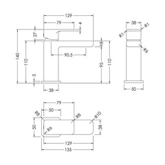 [BTEM315] Square Mini Mono Basin Mixer Tap & Push Button Waste - Chrome - Technical Drawing