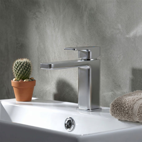 [BTEM315] Square Mini Mono Basin Mixer Tap & Push Button Waste - Chrome - Silo