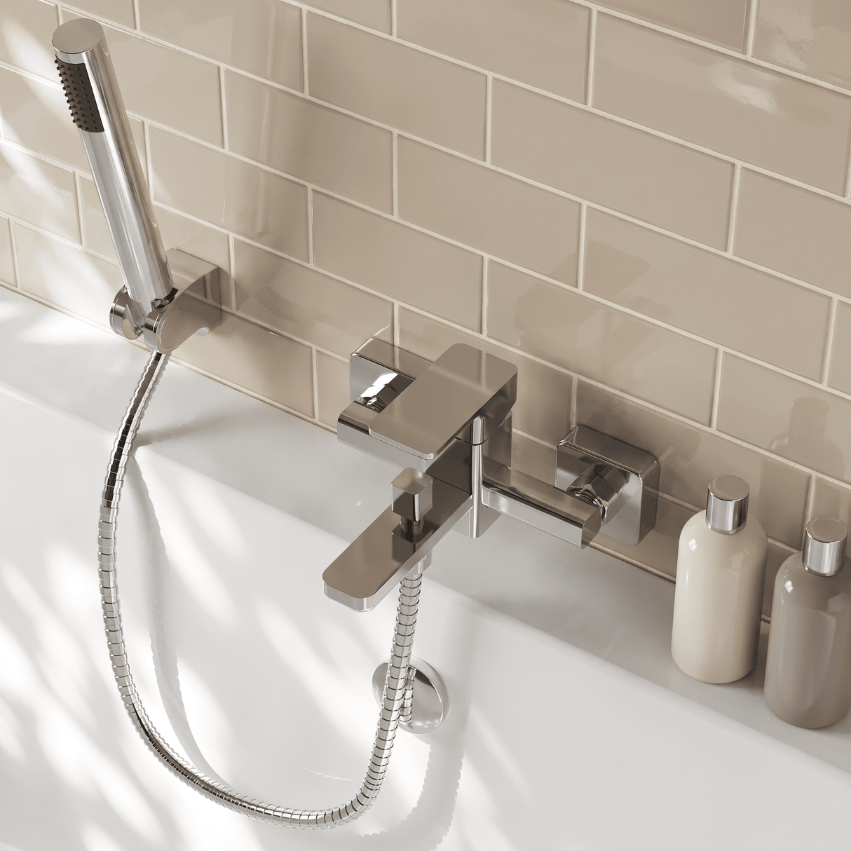 [BTEM316] Wall Mounted Square Bath Shower Mixer Tap with Shower Kit - Chrome - Lifestyle 2