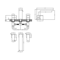 [BTEM333] Square Deck Mounted 3 Tap Hole Bath Filler Tap - Chrome - Technical Drawing