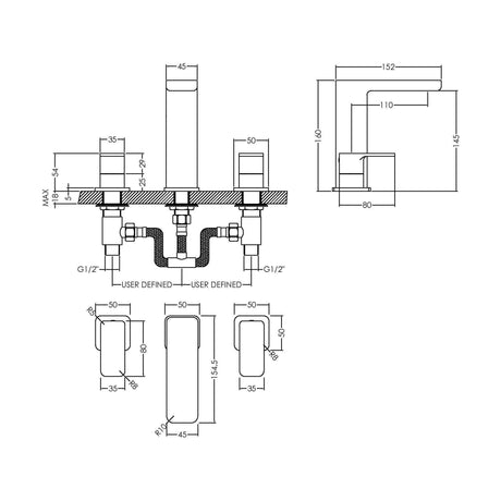 [BTEM337] Square Deck 3 Tap Hole Basin Mixer Tap & Pop Up Waste - Chrome - Technical Drawing