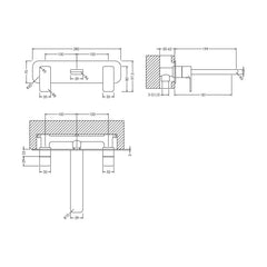 [BTEM350] Square Wall Mount 3 Tap Hole Basin Mixer Tap & Back Plate - Chrome - Technical Drawing