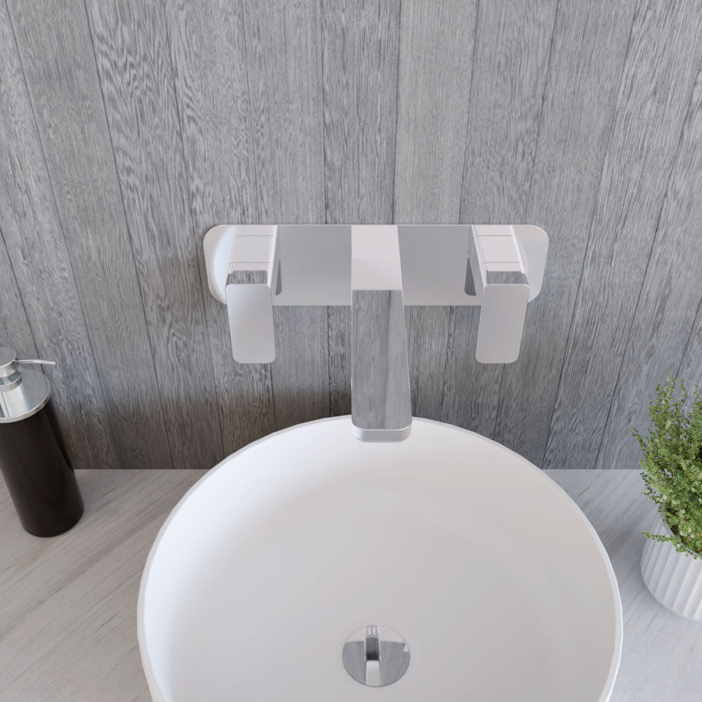 [BTEM350] Square Wall Mount 3 Tap Hole Basin Mixer Tap & Back Plate - Chrome - Lifestyle 2