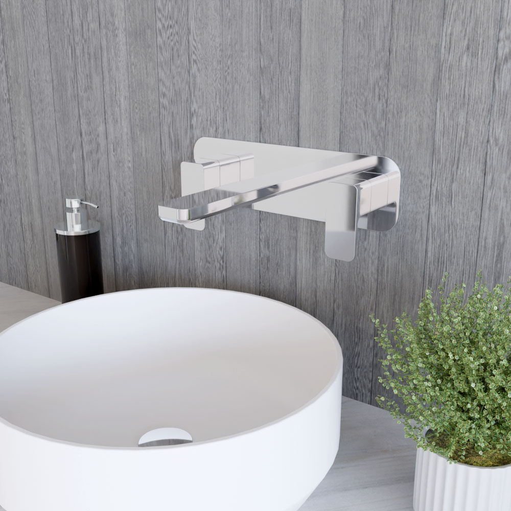 [BTEM350] Square Wall Mount 3 Tap Hole Basin Mixer Tap & Back Plate - Chrome - Lifestyle 3