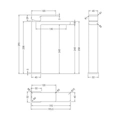 [BTEM370] Square High-Rise Mono Basin Mixer Tap - Matt Black - Technical Drawing