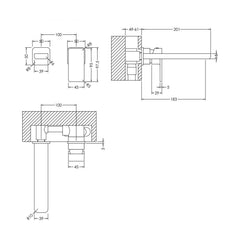 [BTEM381] Square Wall Mount 2 Tap Hole Basin Mixer Tap Chrome - Technical Drawing