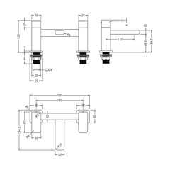 [BTEM403] Swinscoe Dual Lever Square Deck Mounted Bath Filler Tap – Choice of Finish - Technical Drawing