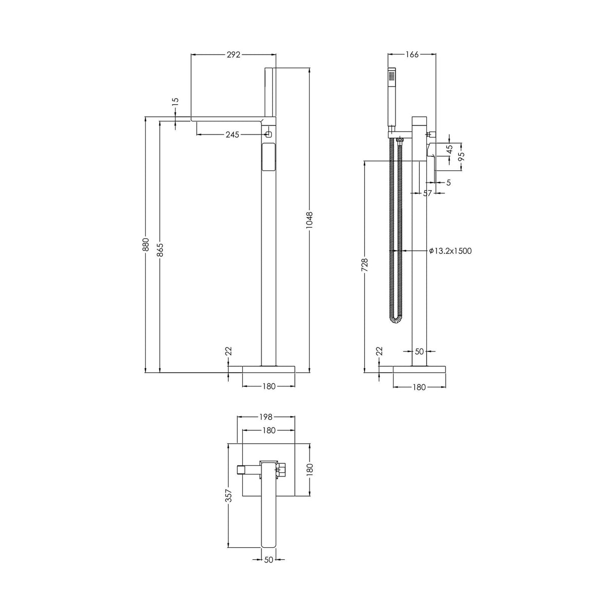 [BTEM421] Swinscoe Contemporary Square Freestanding Bath Shower Mixer Tap with Kit - Choice of Colour - Technical Drawing
