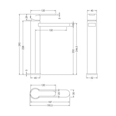 [BTEM770] Square High-Rise Mono Basin Mixer Tap - Matt Black - Technical Drawing