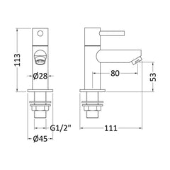 [BTEV311] Balterley Evian Round Lever Basin Taps - Chrome - Technical Drawing