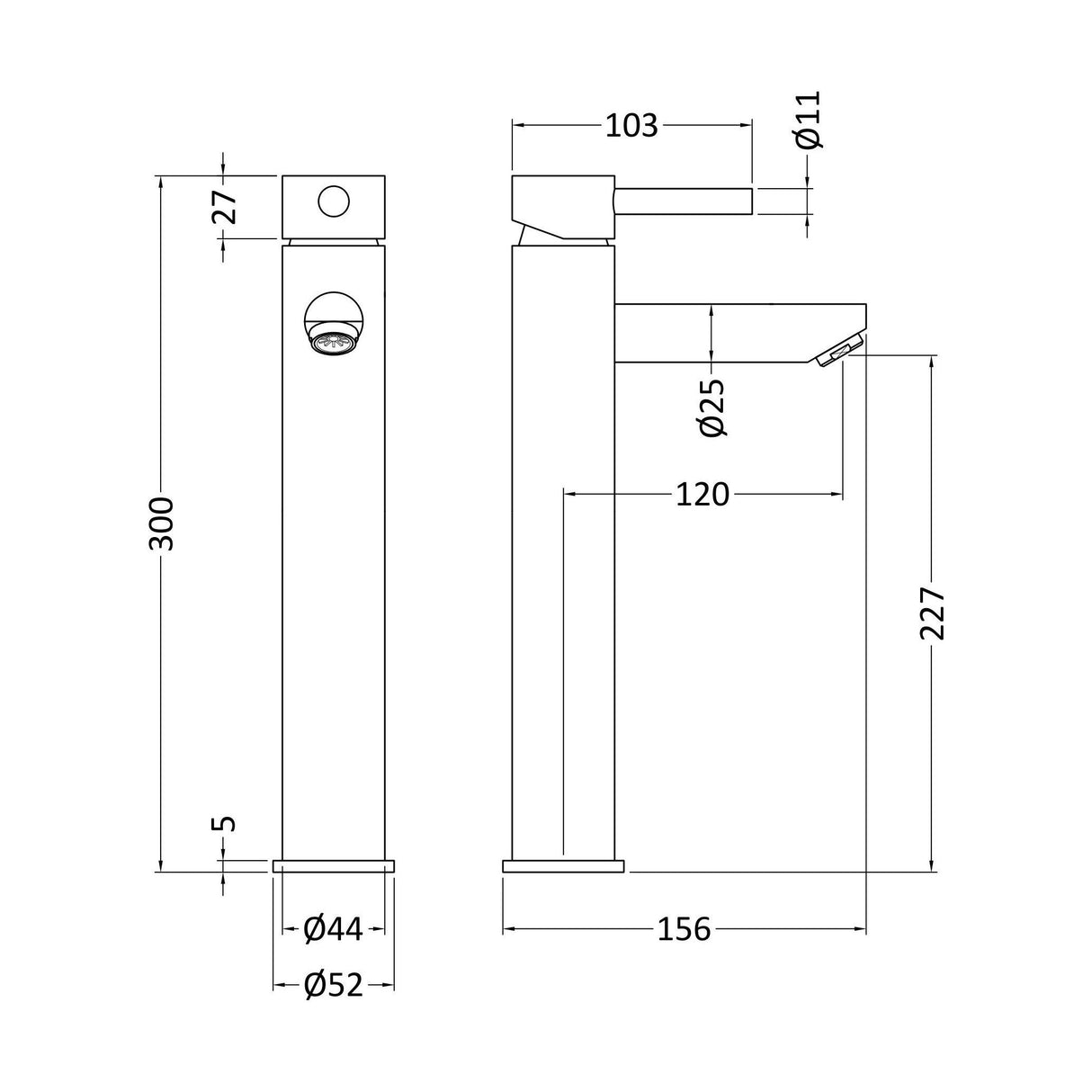 [BTEV319] Balterley Evian Round Tall Lever Mono Basin Mixer Tap - Chrome - Technical Drawing