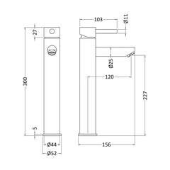 [BTEV319] Balterley Evian Round Tall Lever Mono Basin Mixer Tap - Chrome - Technical Drawing