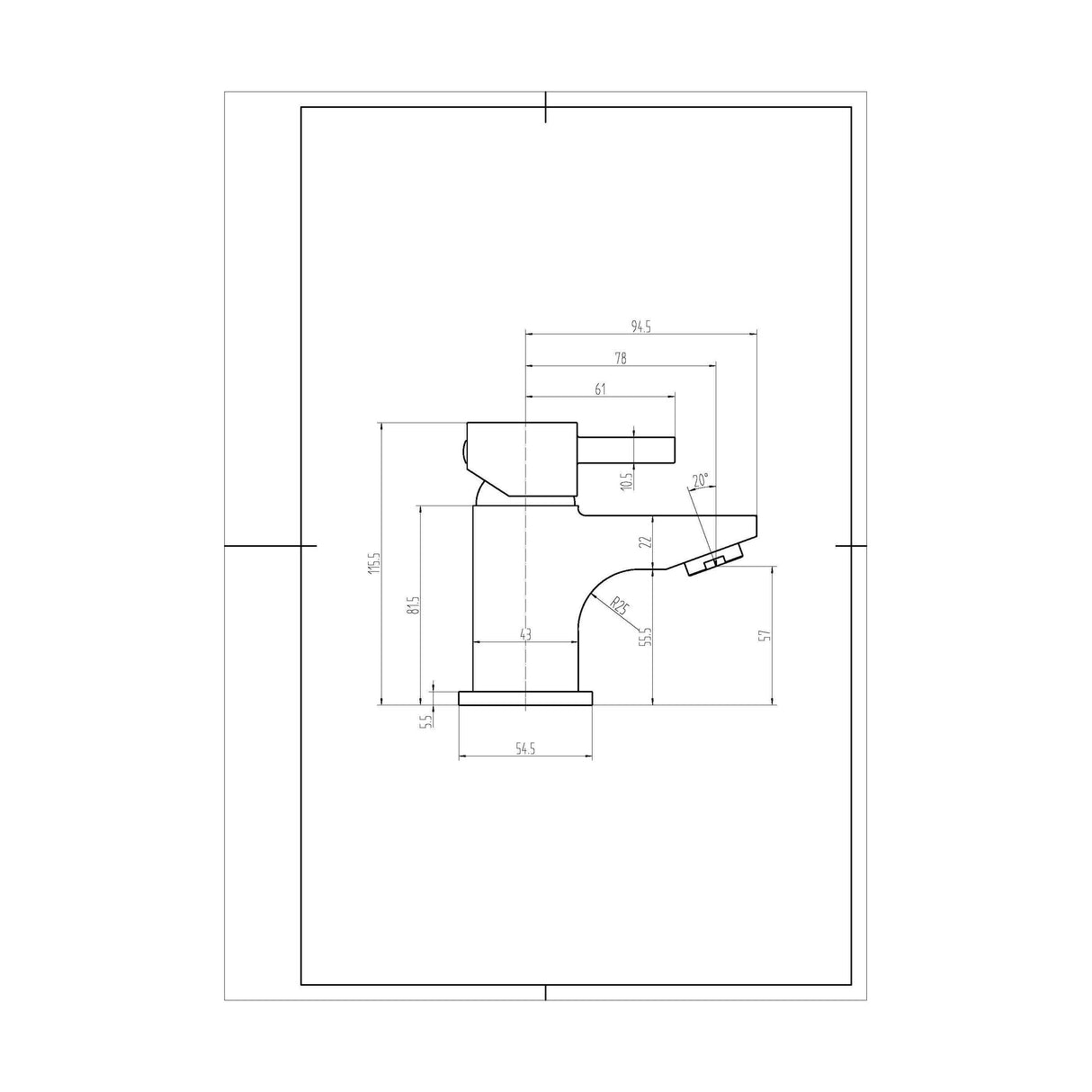 [BTFA305] Contemporary Single Lever Mono Basin Mixer Bathroom Sink Tap with Push Button Waste - Chrome - Technical Drawing