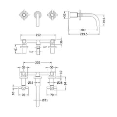 [BTHE317X] Hester Crosshead W/H Basin Mixer - Technical Drawing