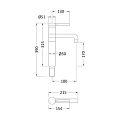 [BTHE370L] Single Lever High Rise Mixer Swivel Spt - Technical Drawing