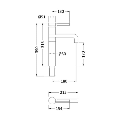 [BTHE370L] Single Lever High Rise Mixer Swivel Spt - Technical Drawing